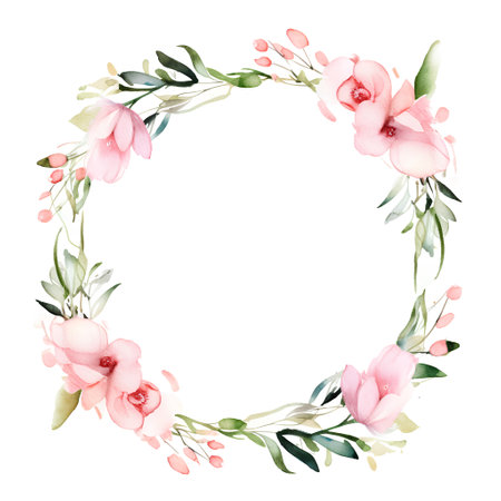Watercolor floral wreath with pink flowers and green leaves, hand painted isolated on a white backgroundの素材
