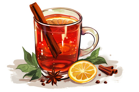 Mulled wine with cinnamon, anise and lemon. Vector illustration.の素材