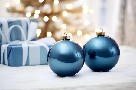 Blue christmas balls and gift boxes on background of Christmas tree.の素材