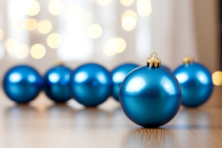 Blue christmas baubles on wooden table with bokeh backgroundの素材
