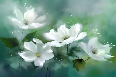 White flowers of anemone on a green background. Vector illustration.の素材