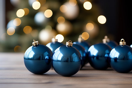 Blue christmas balls on wooden table with bokeh lights backgroundの素材