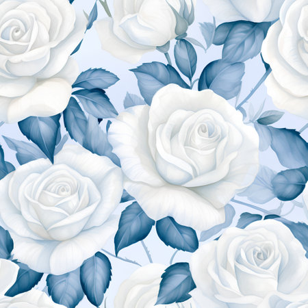 Seamless pattern with white roses and blue leaves. Vector illustration.の素材