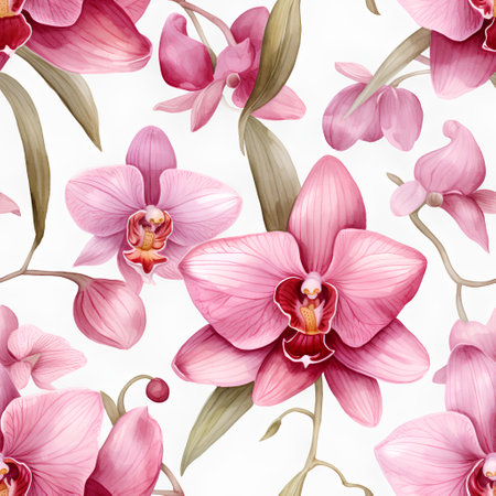 Seamless pattern with pink orchids on a white backgroundの素材