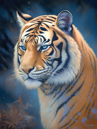 Digital painting of a tiger with a blue background and snowflakesの素材