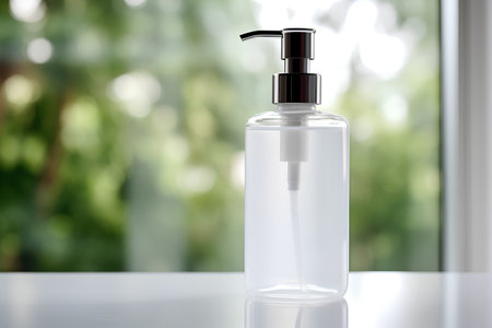 bottle of liquid soap on a white table with green bokeh backgroundの素材