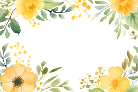 Watercolor floral frame with yellow flowers, leaves and branches isolated on white backgroundの素材