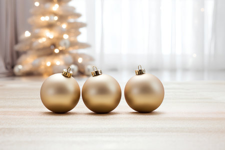 Three golden Christmas balls on the background of the Christmas tree. 3d rendering.の素材