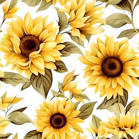 Seamless pattern with sunflowers and leaves on white backgroundの素材