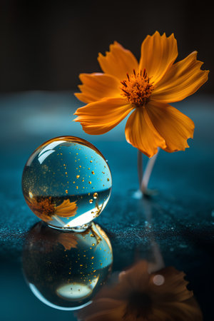 Beautiful orange cosmos flower in a glass ball on blue background.の素材