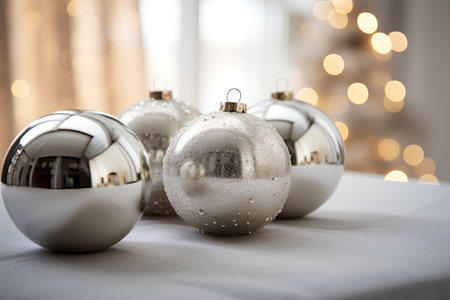 Silver and white christmas baubles on table with bokeh backgroundの素材