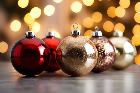 Christmas baubles on bokeh background. Festive decoration.の素材