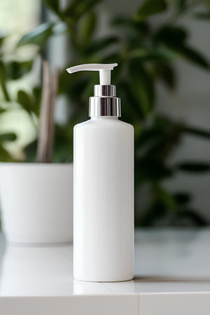 Blank white cosmetic bottle with dispenser pump on the white table.の素材
