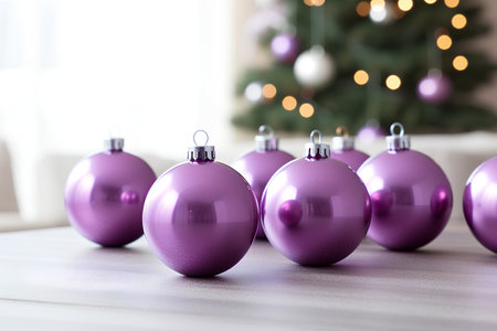 Purple christmas balls on the table in a room with a Christmas treeの素材