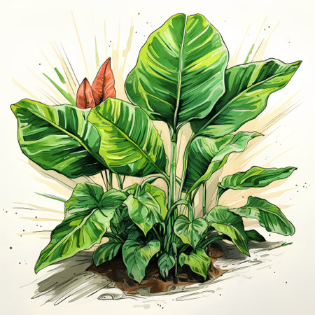 Hand drawn vector illustration of banana plant in pot isolated on white background.の素材