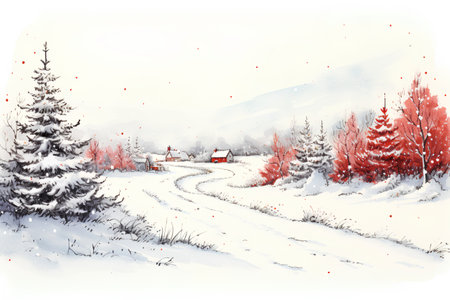 Winter landscape with road and pine trees. Digital watercolor painting.の素材