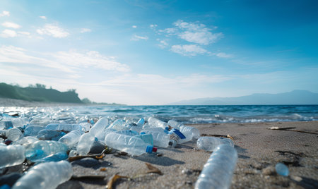 Plastic bottles on the beach. Pollution of environment concept.の素材