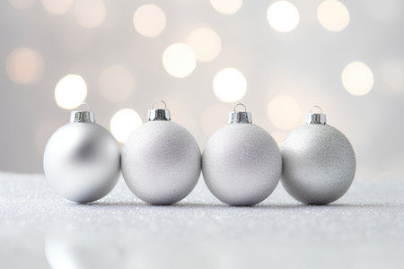 Silver christmas balls on bokeh background. 3D renderingの素材