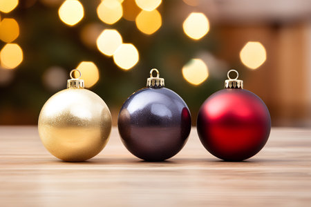 Three christmas baubles on wooden table in front of defocused lightsの素材
