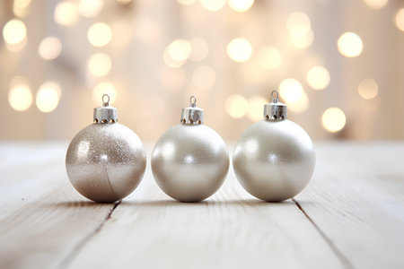 Christmas balls on wooden background with bokeh lights in the backgroundの素材