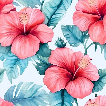 Seamless pattern with hibiscus flowers and palm leavesの素材