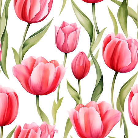 Seamless pattern with pink tulips. Watercolor illustration.の素材
