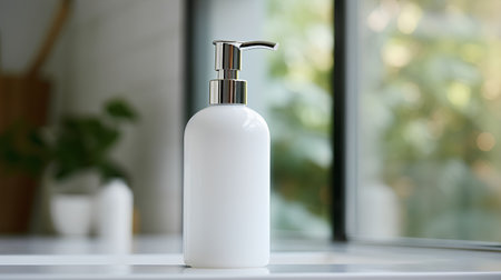Blank white cosmetic bottle with dispenser on table in bathroom.の素材