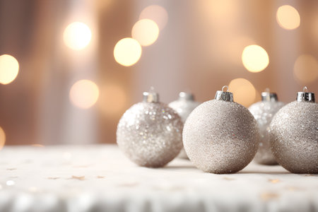 Silver Christmas baubles on blurred background with bokeh lightsの素材