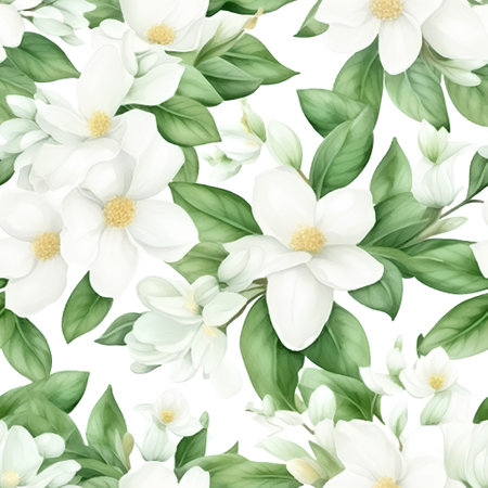 Seamless pattern with white magnolia flowers and green leaves.の素材