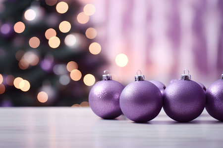 Purple christmas baubles on bokeh background.の素材