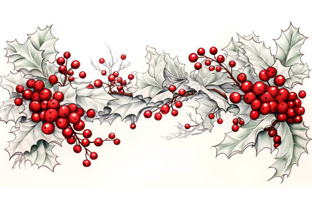 Hand drawn holly branches with red berries and leaves. Vector illustration.の素材