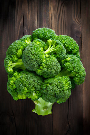 Fresh green broccoli on wooden background. Top view. Healthy food.の素材