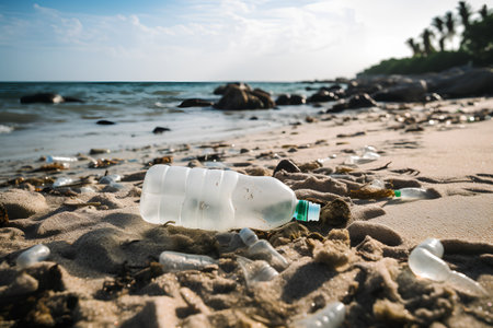 Plastic bottle on the beach. Pollution of the environment conceptの素材