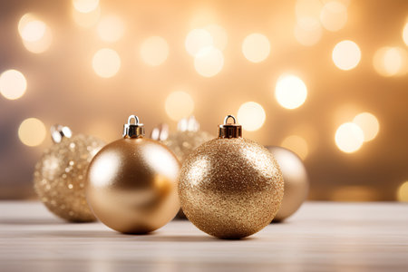 Golden Christmas balls on bokeh background. New Year concept.の素材