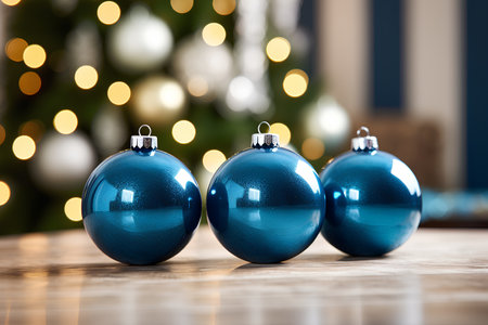 Blue christmas balls on wooden table with blurred christmas tree in backgroundの素材