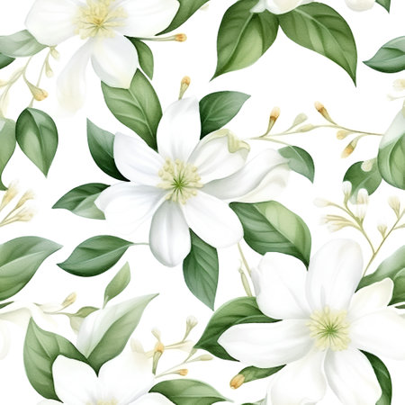 Seamless pattern with jasmine flowers. Watercolor illustrationの素材