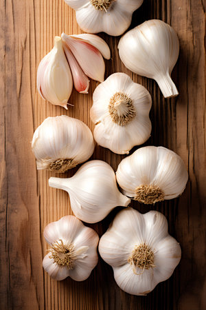 Garlic on a wooden background. Flat lay, top view.の素材