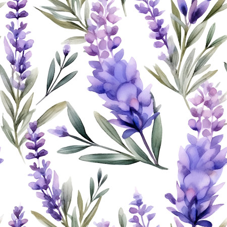 Watercolor lavender seamless pattern. Hand painted lavender background.の素材