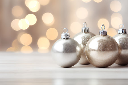 Christmas background with golden baubles on bokeh lights backgroundの素材