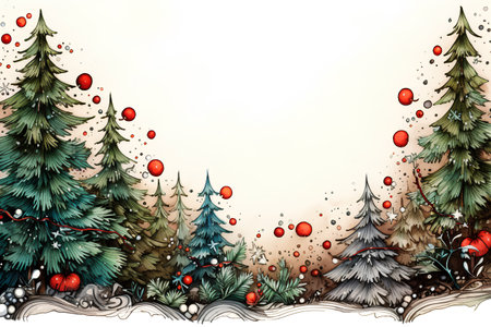 Christmas background with fir trees and snow. Hand drawn vector illustration.の素材