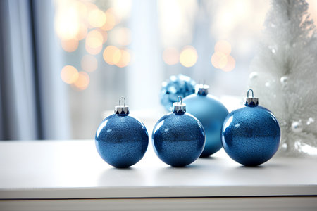 Blue christmas baubles on white table in front of blurred backgroundの素材