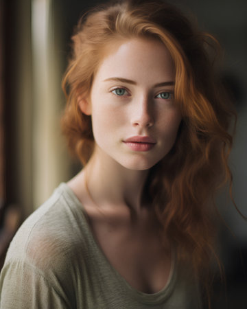 Portrait of beautiful young redhead woman with freckles.の素材