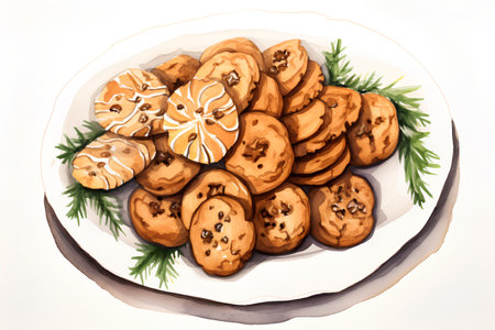 Cookies with raisins on a white plate. Watercolor illustrationの素材
