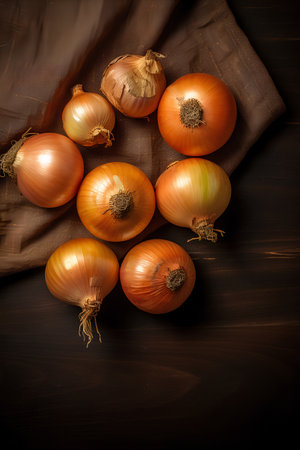 Fresh onions on wooden background. Top view with copy space. Toned.の素材