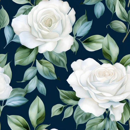 Seamless pattern with white roses and green leaves on dark blue backgroundの素材