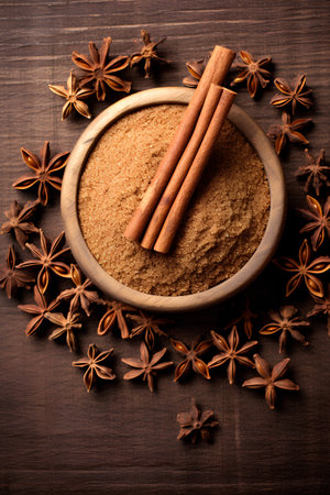 Cinnamon sticks and star anise on wooden background. Selective focus.の素材