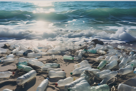 Plastic waste on the beach. Plastic bottles and trash on the seashoreの素材