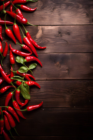 Red hot chili peppers on wooden background. Top view with copy spaceの素材