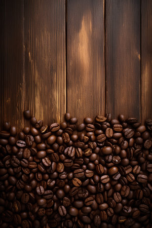 Roasted coffee beans on wooden background. Top view with copy spaceの素材