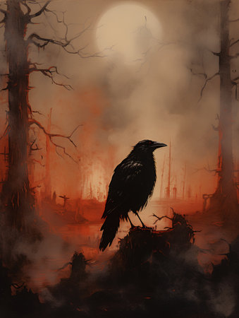 Black crow sitting on a branch in the forest. Halloween illustration.の素材